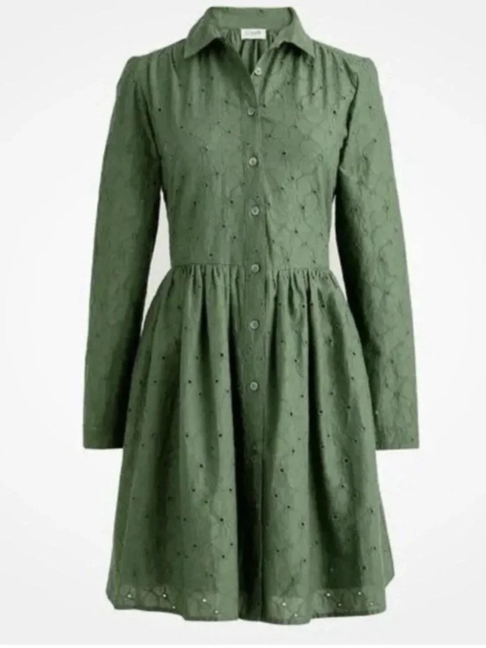 J. Crew Green Eyelet Long Sleeve Mini Shirt Dress